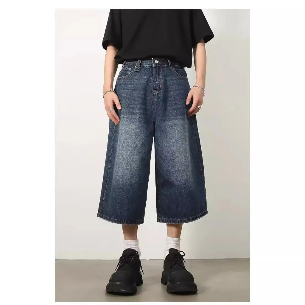 Vintage Y2k Baggy Jeans Men's Fashion High Waisted Wide Leg Pants Summer Hip Hop Streetwear Couple Leisure Denim Cropped Pants