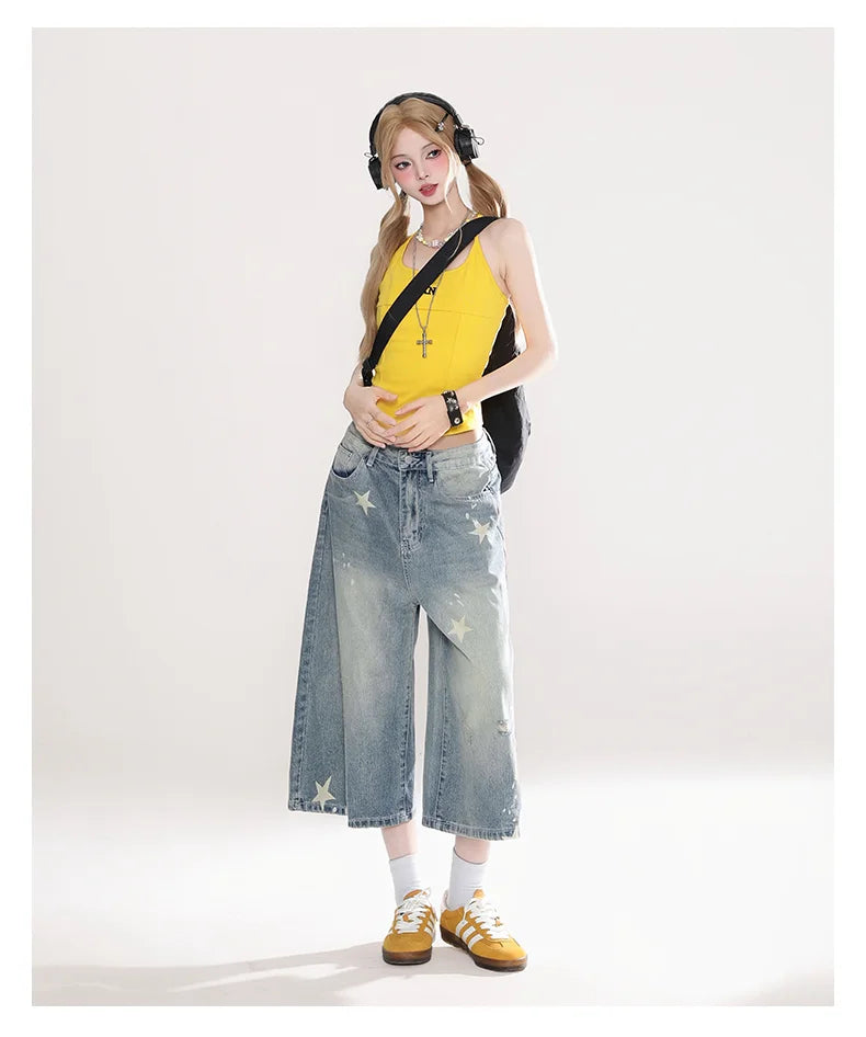 Street Y2K Vintage Washed Cat Whiskered Style embroidered Bermuda Jeans Knee Length Denim Jorts Casual Shorts Cropped Trousers
