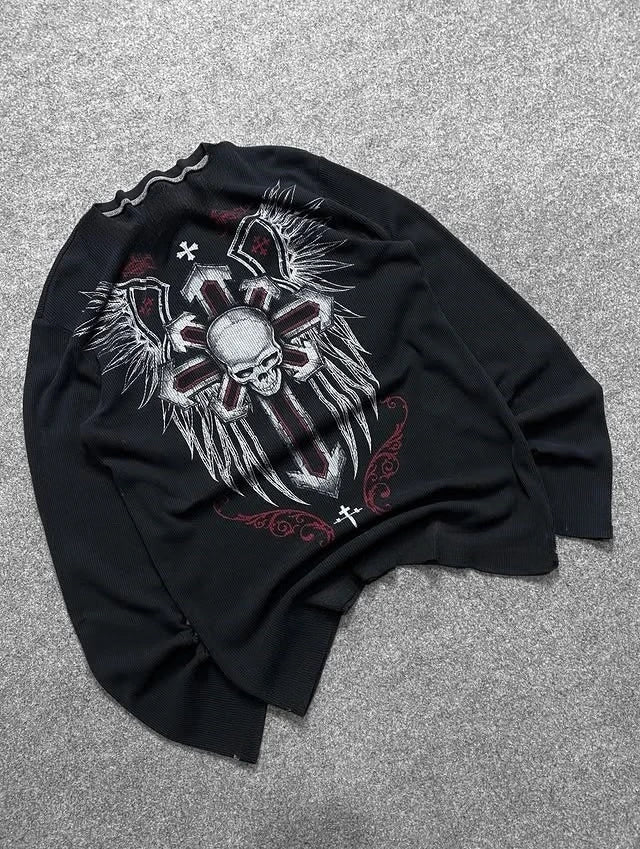 Alt Style Y2K Gothic Long Sleeve Pattern Oversized T Shirt High Street Breathable Cotton Women Man Casual Top