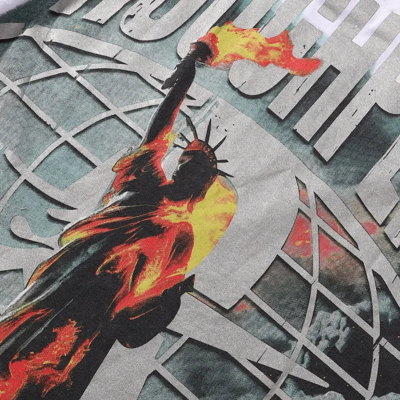 New American Style Rough Play Splicing Shinning Diamond 100% Cotton long sleeves T-shirts for Men Women Crew Neck Loose Summer T-shirt Oversized Tees