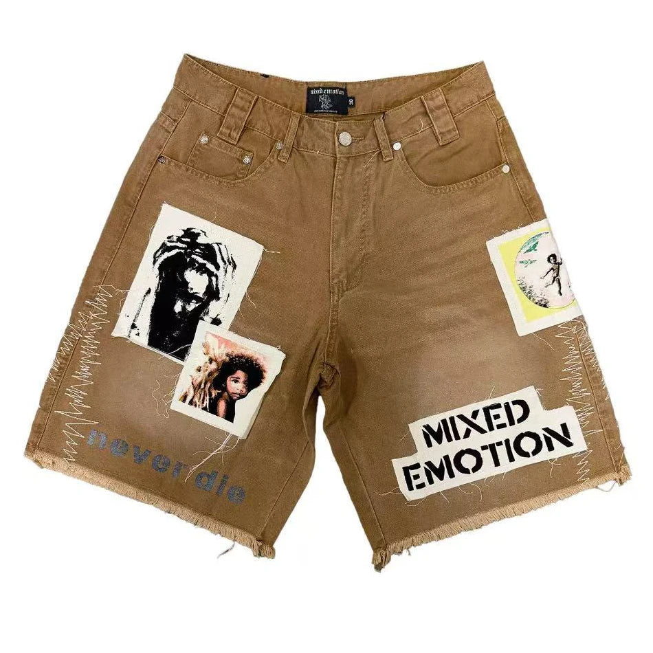 Vintage Men Denim Jorts Patchwork Graphic Raw Frayed Distressed Baggy Denim Shorts Hip Hop Y2K Streetwear Cargo Jean Shorts
