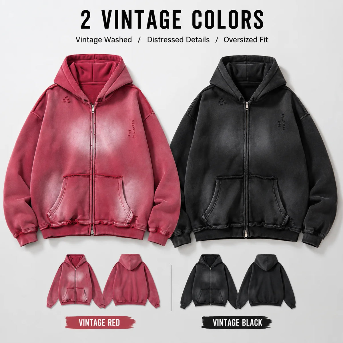 Vintage Washed Zip up Hoodie Heavyweight 400G Oversized Faded Hoodie Y2K Streetwear Full Zip Jacket