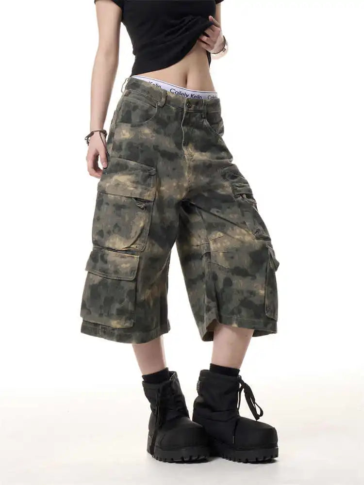 Women Camouflage Jorts Cargo Jean Men Abi Y2K 2000s Ripped Denim Calf-Length Pants Japanese American Retro Cyber Punk Harajuku