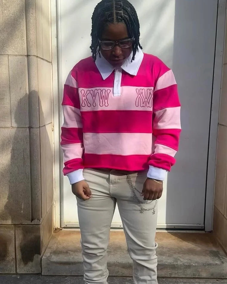Pink Rugby Polo Shirts Hip Hop Men Stripe Print Lapel Neck Shirt Y2k Harajuku Fashion Casual Cotton Long Sleeves Top Women Tees