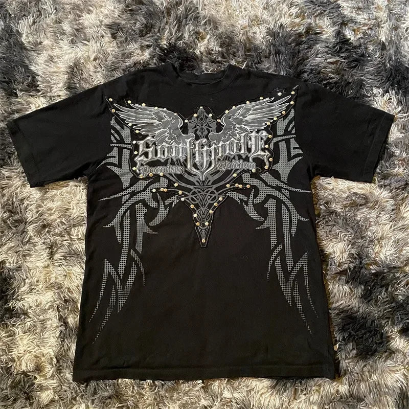 Alt Style Y2K Gothic Long Sleeve Pattern Oversized T Shirt High Street Breathable Cotton Women Man Casual Top