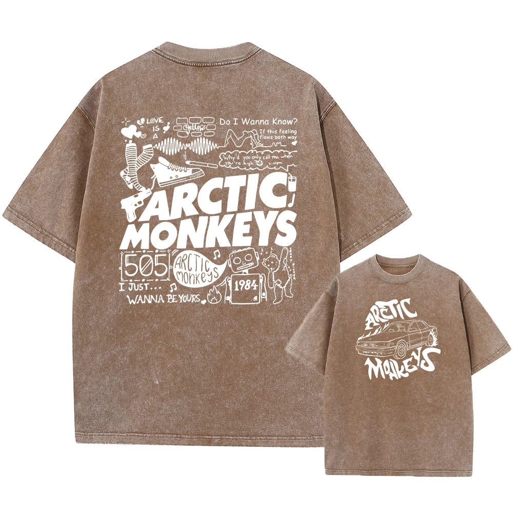 Retro Rock Arctic Monkeys Music Album Graphic T-Shrit Men's Vintage Washed Oversized Short Sleeve T Shirt Y2k Hip Hop Streetwear