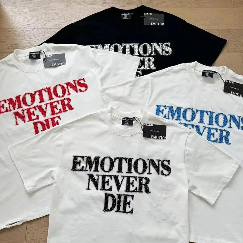 MIXED EMOTION Shirt Rhinestone Short Sleeve Men Women T-shirt Streetwear 100% Cotton Loose Round Neck Top Tees Oversized Tee Top