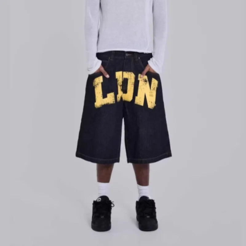 HOUZHOU Vintage Letter Print Jorts Women Black Gothic Y2k Baggy Denim Jorts Retro Hip Hop Grunge Wide Leg Short Jeans Streetwear