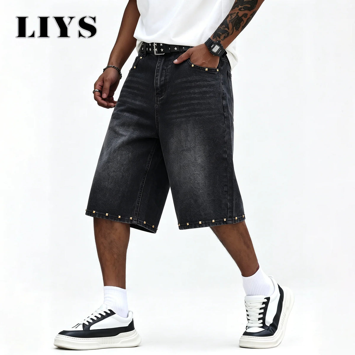 LIYS Men's Vintage Black Rivet Wide-Leg Jean Jorts High Street Y2K Fashion Brand Pants Streetwear Casual Outdoor Daily Wear ﻿