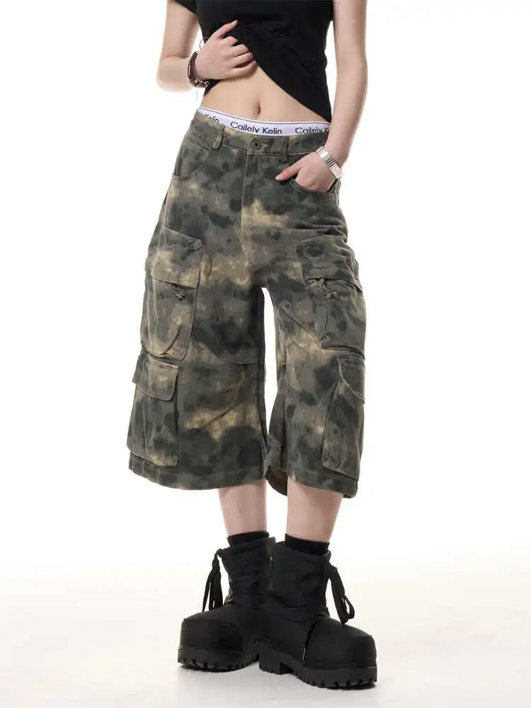 Women Camouflage Jorts Cargo Jean Men Abi Y2K 2000s Ripped Denim Calf-Length Pants Japanese American Retro Cyber Punk Harajuku