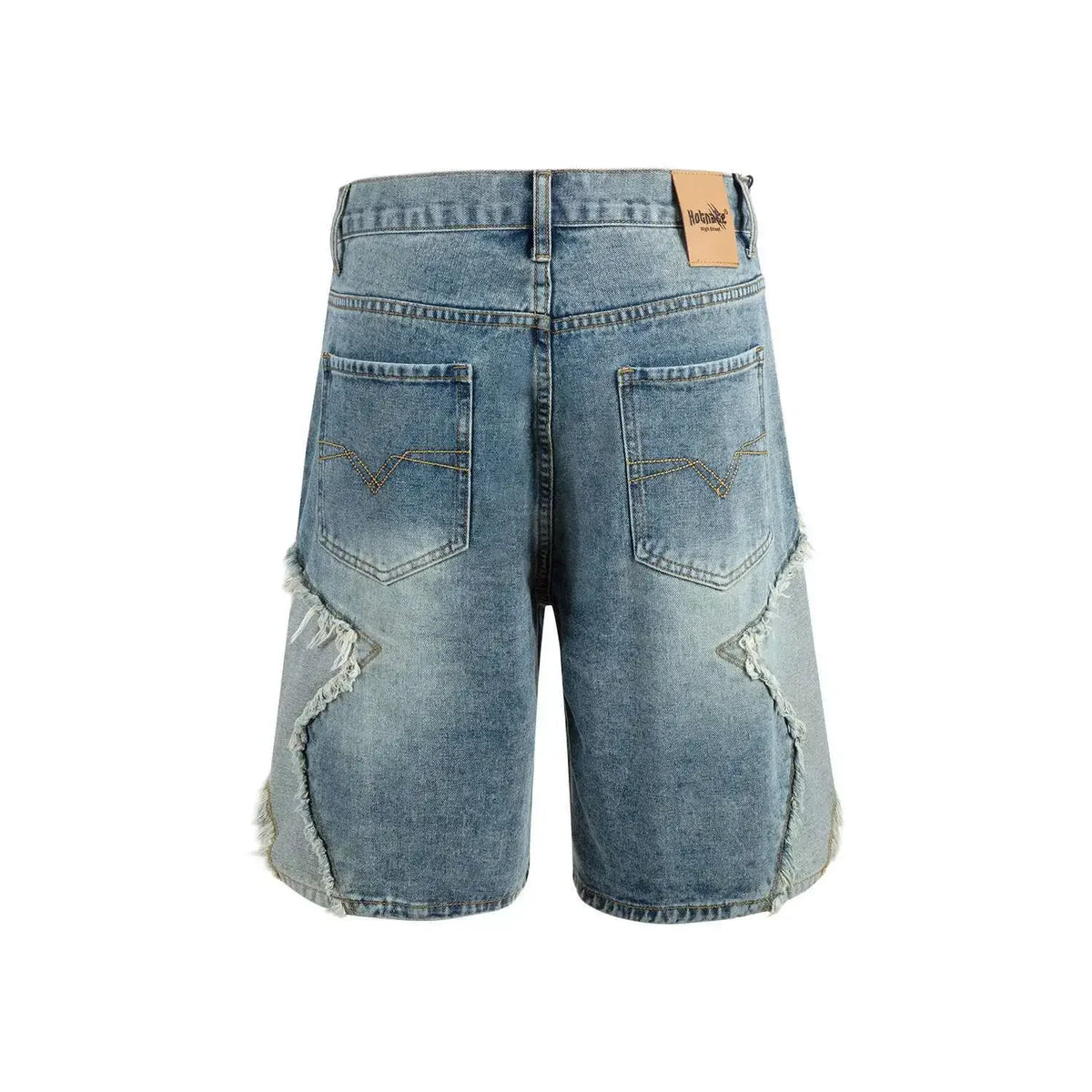 Summer Pentagram Pattern Men's Jort Splicing Mid Length Denim Pants American High Street Straight Male Shorts