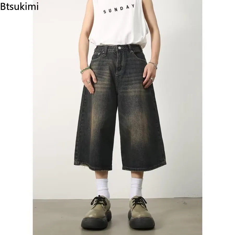 Vintage Y2k Baggy Jeans Men's Fashion High Waisted Wide Leg Pants Summer Hip Hop Streetwear Couple Leisure Denim Cropped Pants