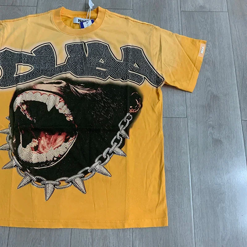 Streetwear Rhinestone Letter Print Yellow T-shirt Men Woman Fashion Retro Shinning Diamond loose casual Oversized Hip Hop Tees