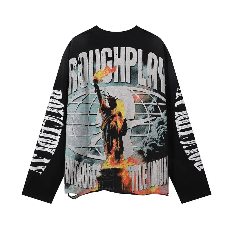 New American Style Rough Play Splicing Shinning Diamond 100% Cotton long sleeves T-shirts for Men Women Crew Neck Loose Summer T-shirt Oversized Tees