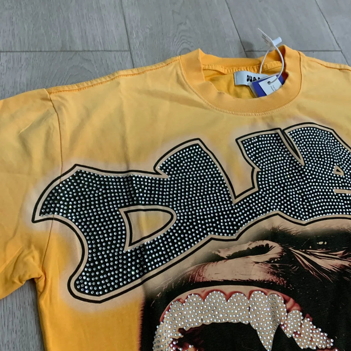 Streetwear Rhinestone Letter Print Yellow T-shirt Men Woman Fashion Retro Shinning Diamond loose casual Oversized Hip Hop Tees