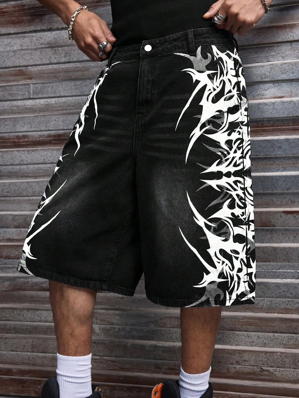 Men Black Non-Stretch Denim Jorts Summer Streetwear Print Baggy Wide Leg Knee Length Hip Hop Casual Shorts Y2K Punk Style