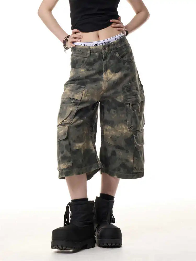 Women Camouflage Jorts Cargo Jean Men Abi Y2K 2000s Ripped Denim Calf-Length Pants Japanese American Retro Cyber Punk Harajuku