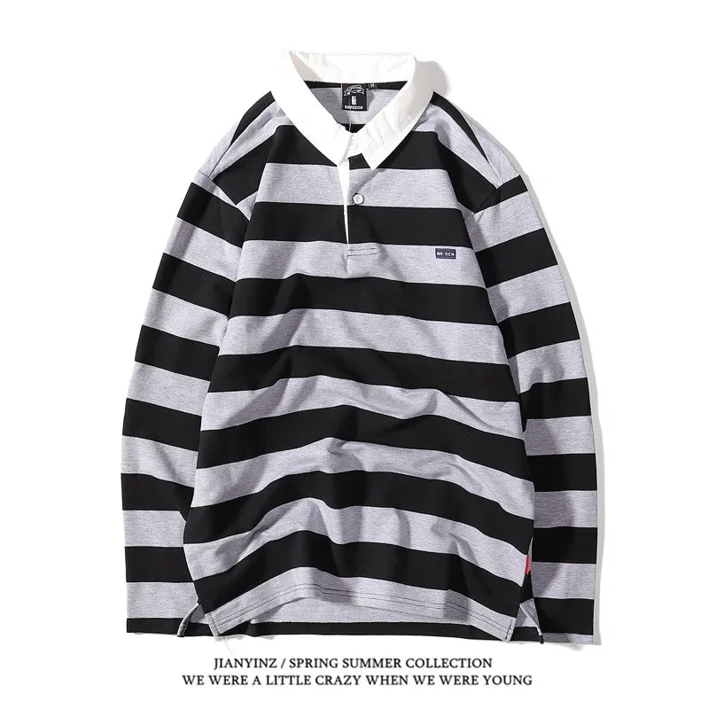Color Blocking Striped Print Men's Polo Shirt Autumn Business Casual Long Sleeved Top Comfortable Breathable Loose Lapel T-Shirt