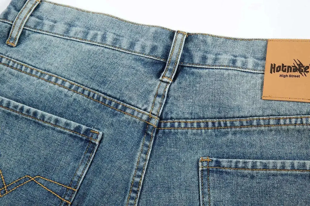 Summer Pentagram Pattern Men's Jort Splicing Mid Length Denim Pants American High Street Straight Male Shorts