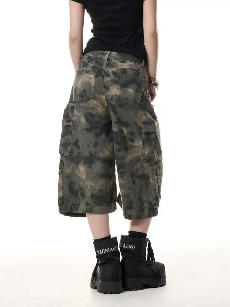 Women Camouflage Jorts Cargo Jean Men Abi Y2K 2000s Ripped Denim Calf-Length Pants Japanese American Retro Cyber Punk Harajuku